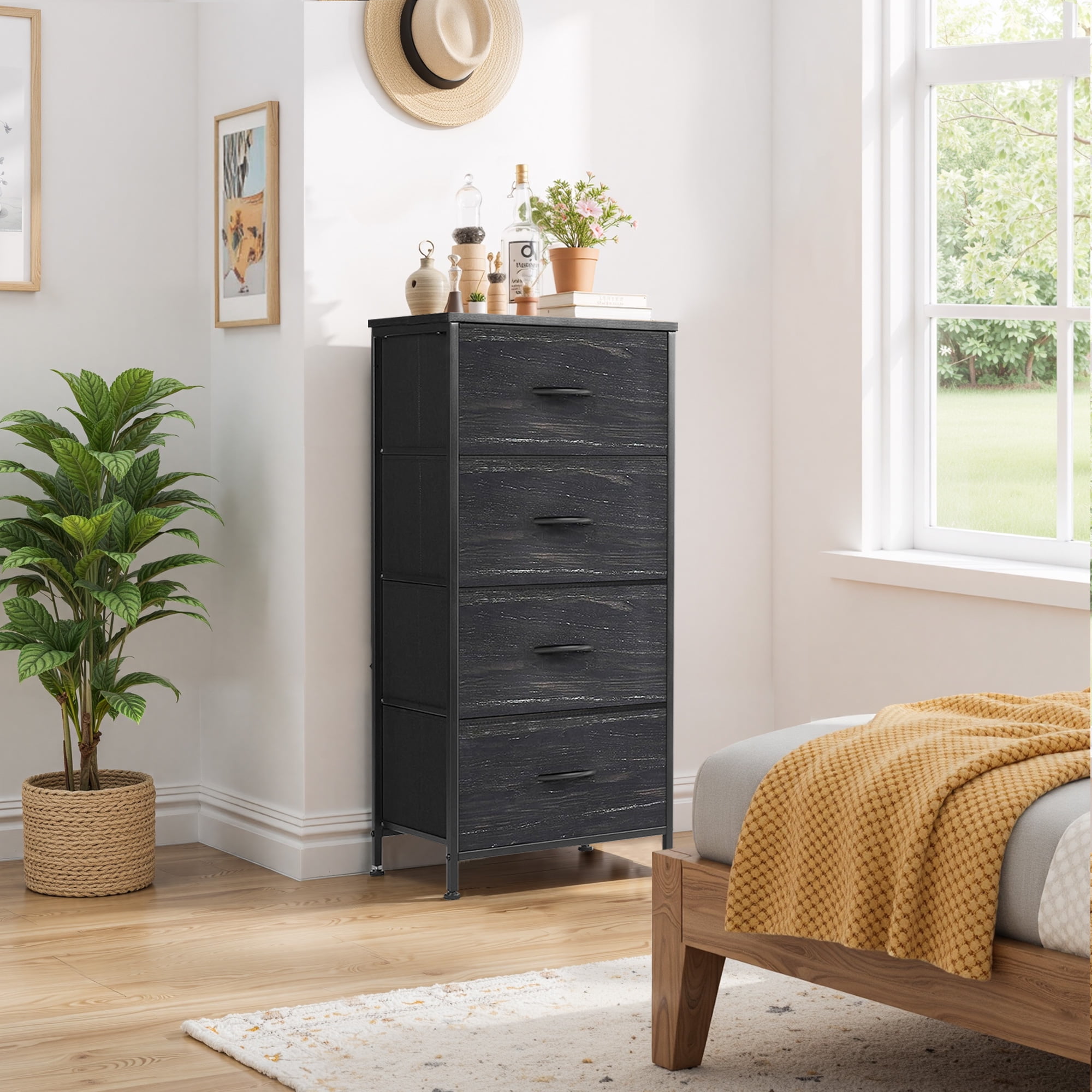Dresser, Betcozy Storage Organizer with 4 Drawers for Bedroom, Nightstands with Sturdy Metal Frame, Wood Tabletop for LivingRoom, Entryway,Black