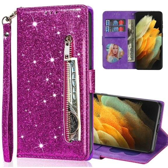 Allytech Google Pixel 6 Case, Bling Shiny PU Leather Kickstand Shockproof Credit Cards Holder Wrist Strap Protective Glitter Zipper Wallet Case Cover for Google Pixel 6 2021, Purple