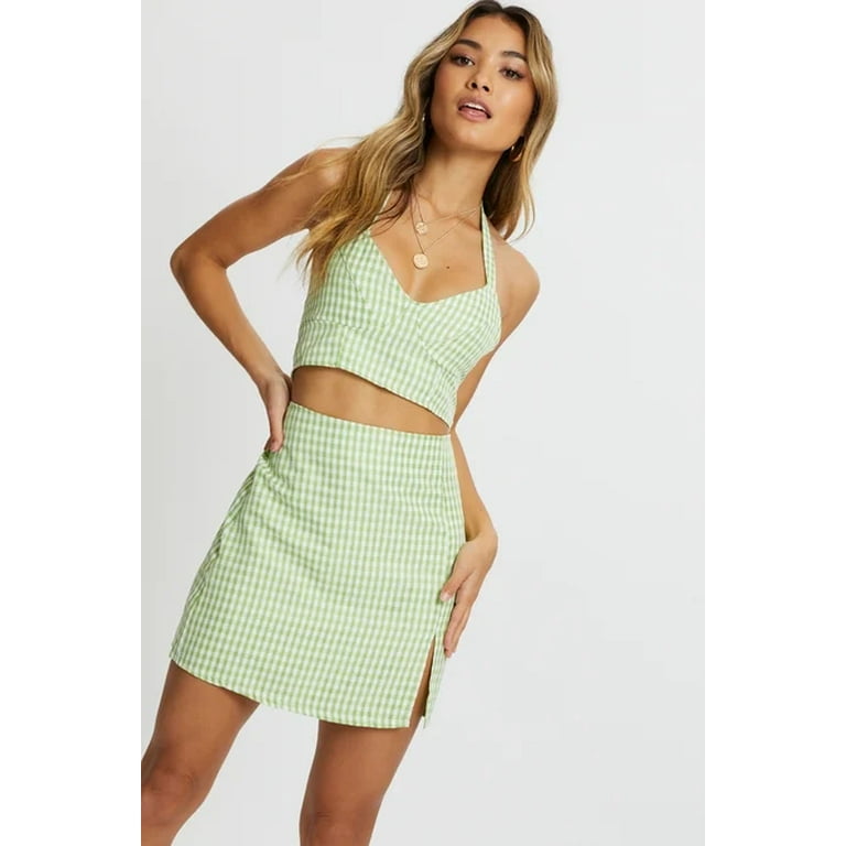 ZAFUL for Hot Girl Style Gingham Shirred Halter Slit Skirt Set Light Green L Walmart
