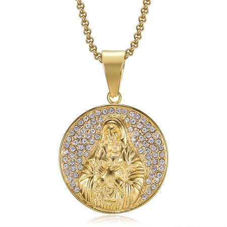 NEGS 18K Gold Plated Virgin Mary Christian Miraculous Medal Pendant 20'' Chain Religious Benedict Our Lady of Guadalupe Amulet Stainless Steel Necklace for Women