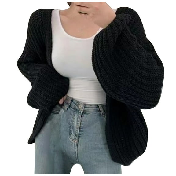 HJYCHN Knit Womens Cardigan for Autumn Winter Seasons with Elegant Fashion Balloon Sleeves and Solid Color Loungewear Style Outerwear Black Average