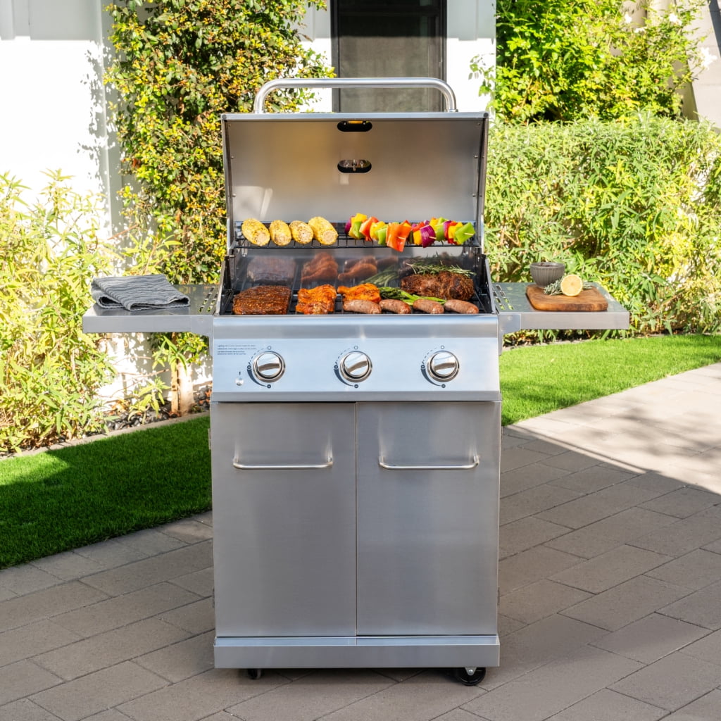 Nexgrill 3-Burner Stainless Steel Propane Gas Grill with Side Tables, 40,500 BTUs, 4 Wheel Transport, 591 SQ. IN. Cooking Space, Outdoor Kitchen Grill for BBQs, Patios, and More - 720-0830MN