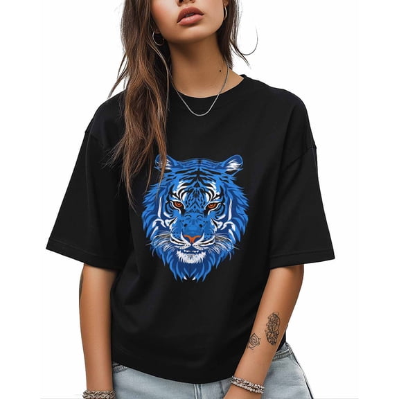 T Shirts for Women Short Sleeve Cotton Crewneck T-Shirt, Blue Tiger Animals Tee Tops Casual Basic T-Shirts, XS-5XL Black S