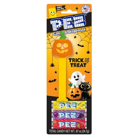 PEZ Candy Halloween Assortment, 1 Candy Dispenser Plus 3 Rolls Assorted Fruit Candy, 1 Count, 0.87 oz