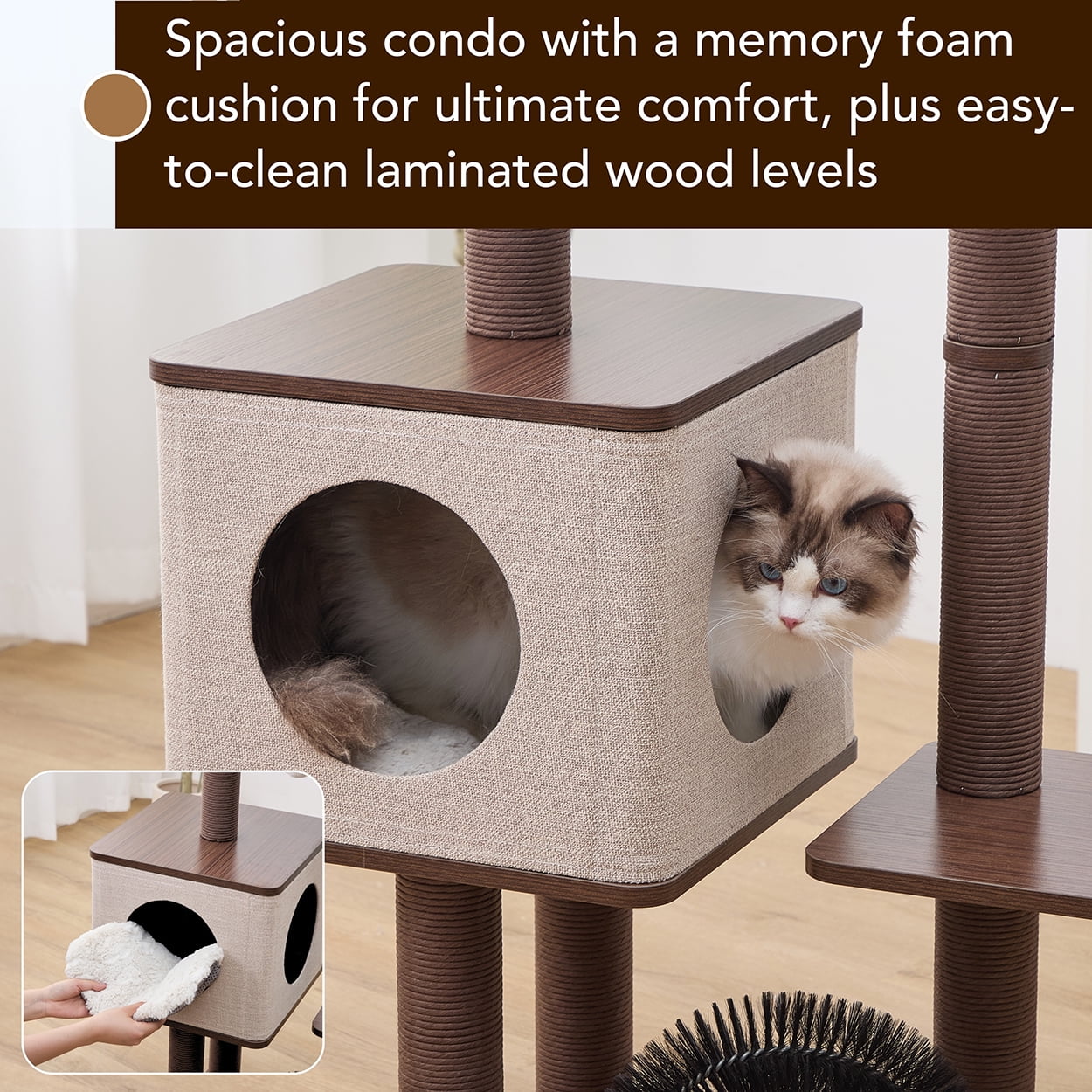 PetPals® Elevate  37” Modern Cat Tree with Recycled Paper Rope Posts, Washable Bed & Condo, Brown