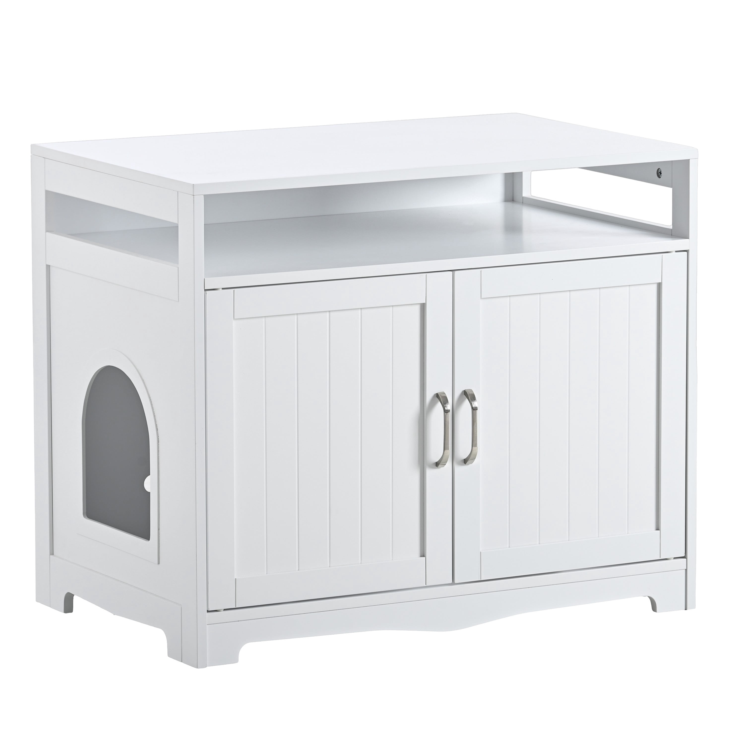 Litter Box Enclosure Furniture with Hidden Plug & 2 Doors, Large Wooden Cat Washroom Storage Bench Side Table, Indoor Pet House, White