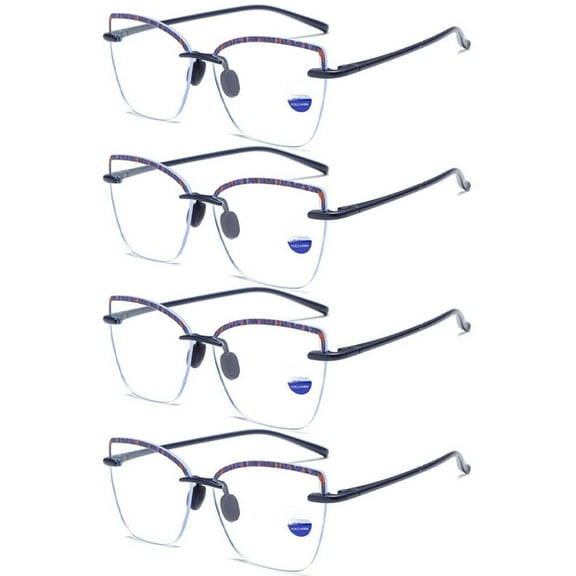 4 Pairs of Blue Square Oversized Rimless Lightweight Reading Glasses for Women Men Blue Light Blocking Readers TR90 Personalized Flexible Presbyopic Glasses 1.50
