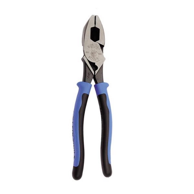 pinza de electricista jala cable 23 cm klein tools pinza frontal de 23 cm con mordaza de acero y dado ponchador integrado, mangos bi-materiales azul y negro y unión remachada en caliente visible; fondo blanco, ideal para trabajos de electricidad profesional y para jalar guías de cable.