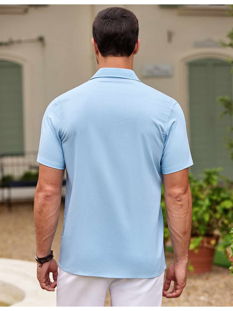 COOFANDY Men's Cuban Guayabera Shirt - Short Sleeve Summer Beach Shirt (Blue, Medium)