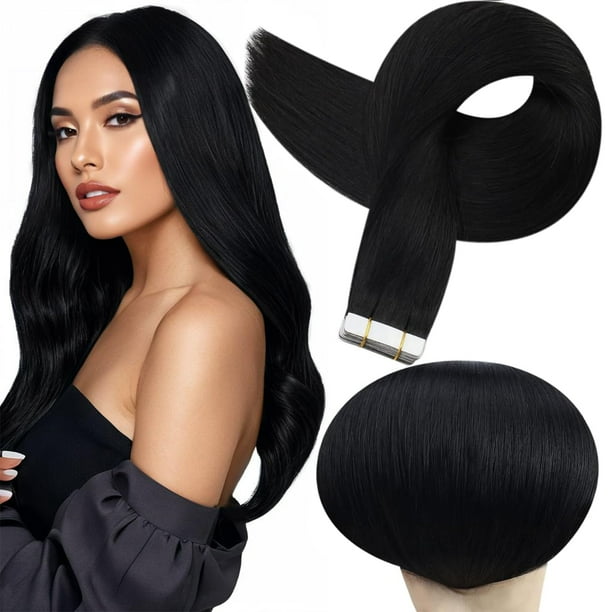 - Extensiones de cabello humano Remy con cinta adhesiva de doble cara, sin costuras, color 1, negro azabache, 18", 50