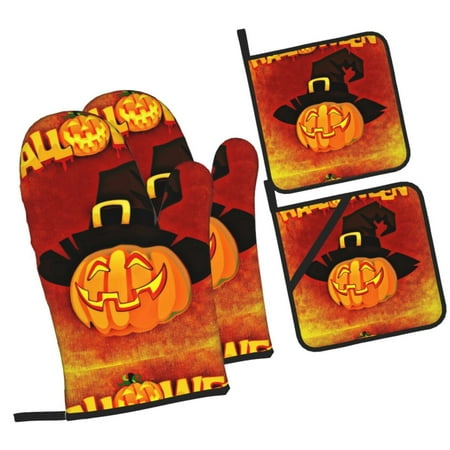 

Daiia Halloween Pumpkin Pattern Oven Mitts and Pot Holders 4 pcs Set High Heat Resistant 500 Degree Extra Thicken Long Kitchen Cotton Oven Glove