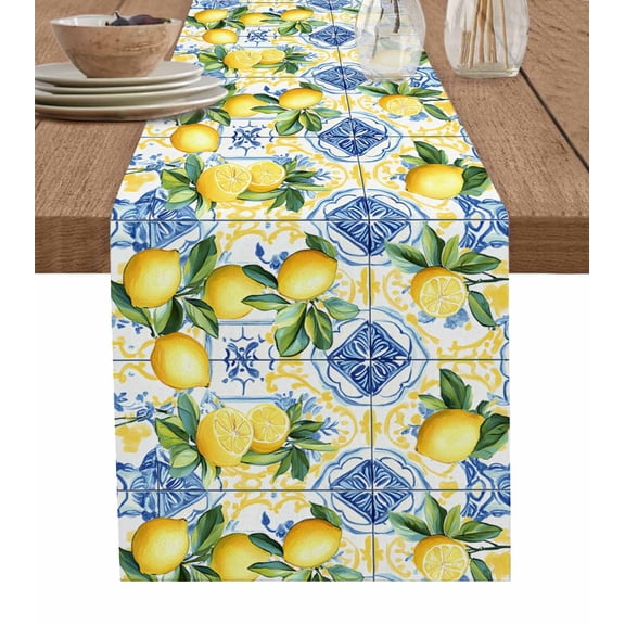 Table Runner Lemon Fruit Table Decoration for Kitchen Dinning Leaves Retro Blue Table Decoration for Indoor Outdoor Party Wedding Decor 13x72 Inch