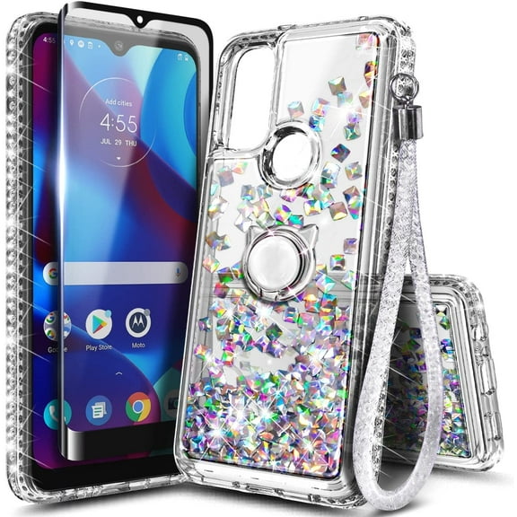 Nagebee Phone Case Compatible for Motorola Moto G Play (2023) with Tempered Glass Screen Protector, Sparkle Glitter Flowing Liquid Waterfall [Ring Holder & Wrist Strap] Women Girls Case (Gem)