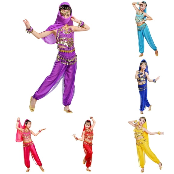 FYDUU Kids Belly Dance Outfit Girls Halloween Outfits Sleeveless Crop Top Pants Set Holiday Party Dance Performance Wear 5-6 Years