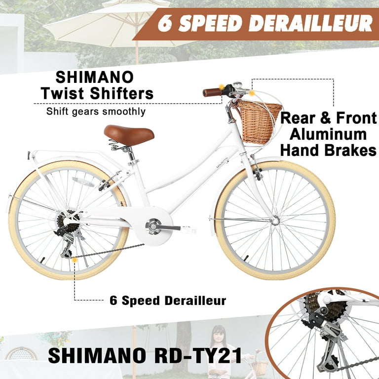 Glerc 24 Kids Cruiser Bike Shimano 6 Speed White City Bicycle with Rack Ages 7 14 Wicker Basket Walmart