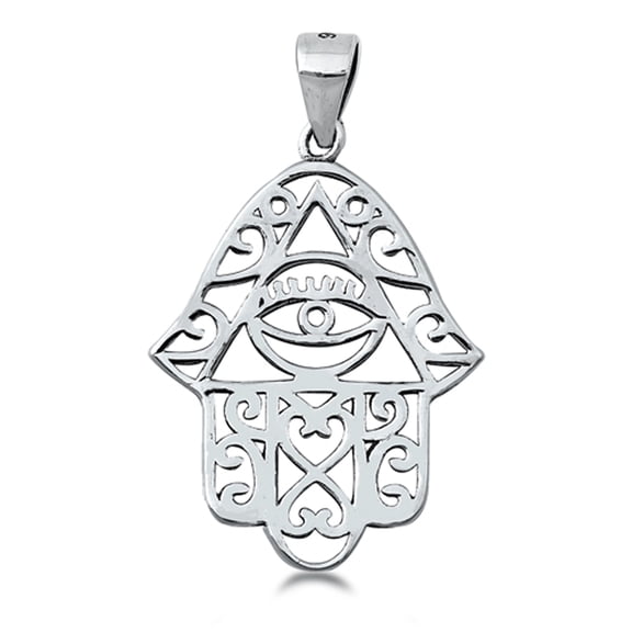 Sterling Silver Ornate Hamsa Pendant Hand of God Evil Eye Filigree Swirl Charm Jewelry Female Unisex