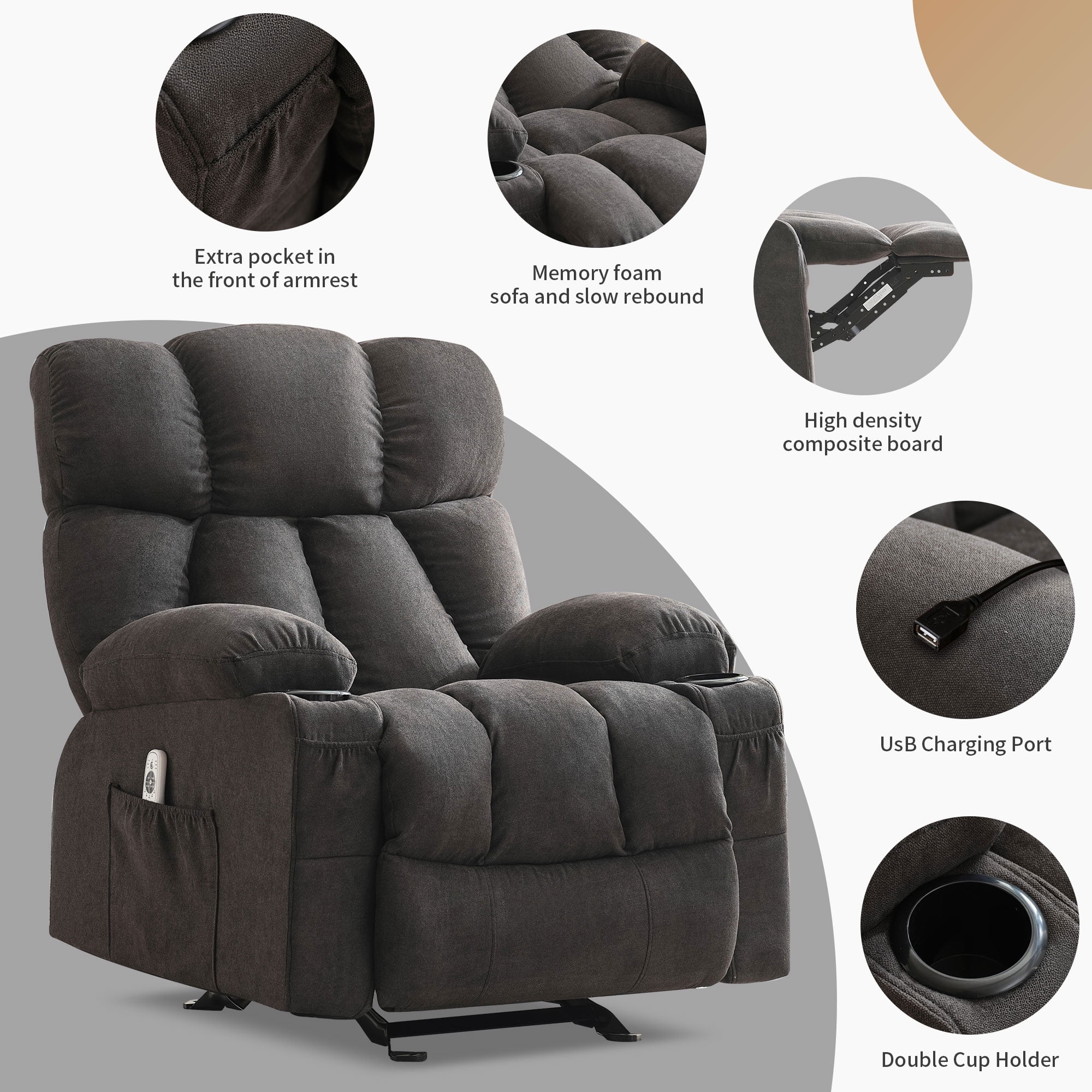 JONPONY Manual Recliner Chair with Heat Therapy and Massage Function, Heavy Duty Reclining Mechanism(图5)