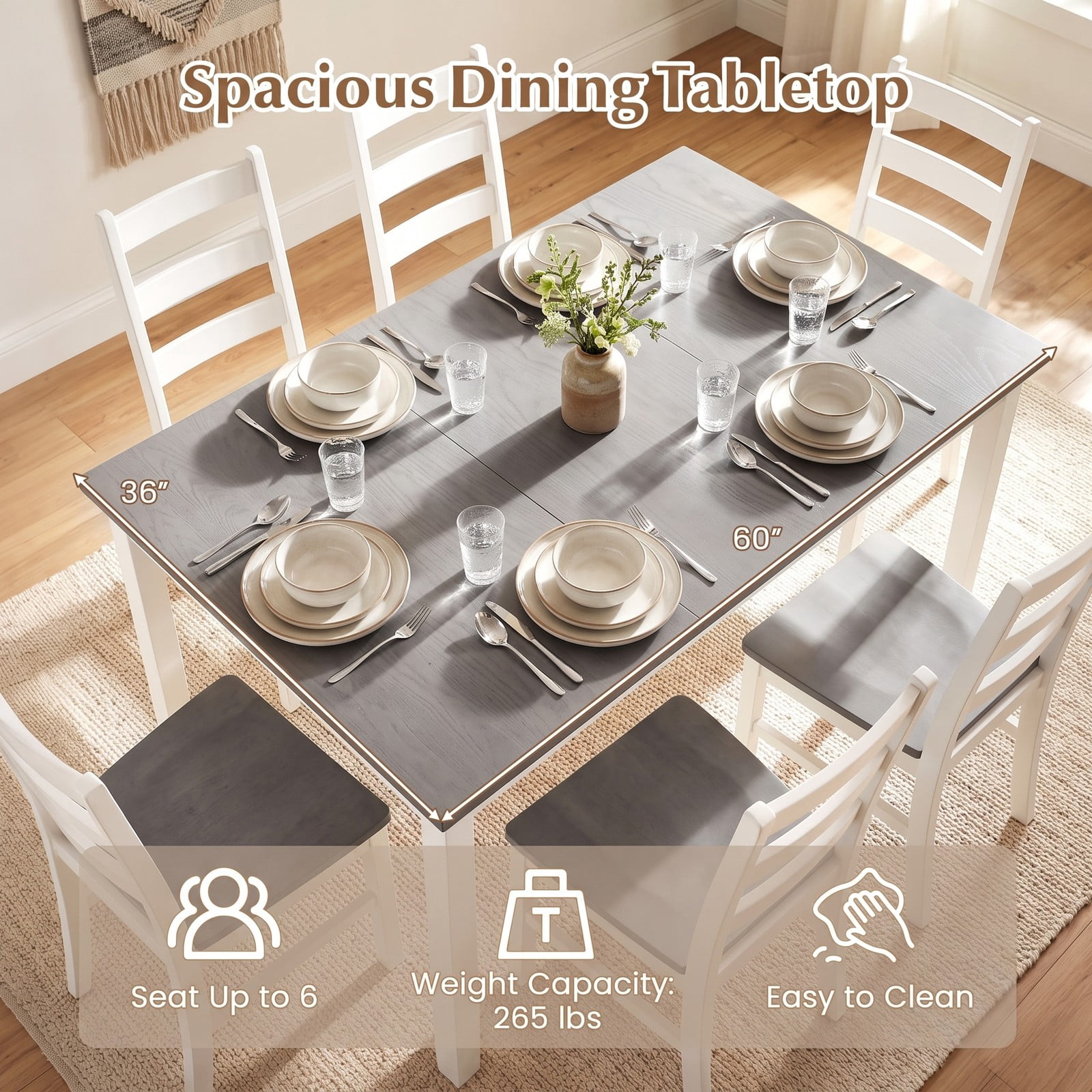 Furnibear 60 Inch Rectangular Dining Table for 6, Kitchen Dinner Table with Solid Rubber Wood Legs and Spacious Wood Grain Tabletop for Dining Room Restaurant, Gray