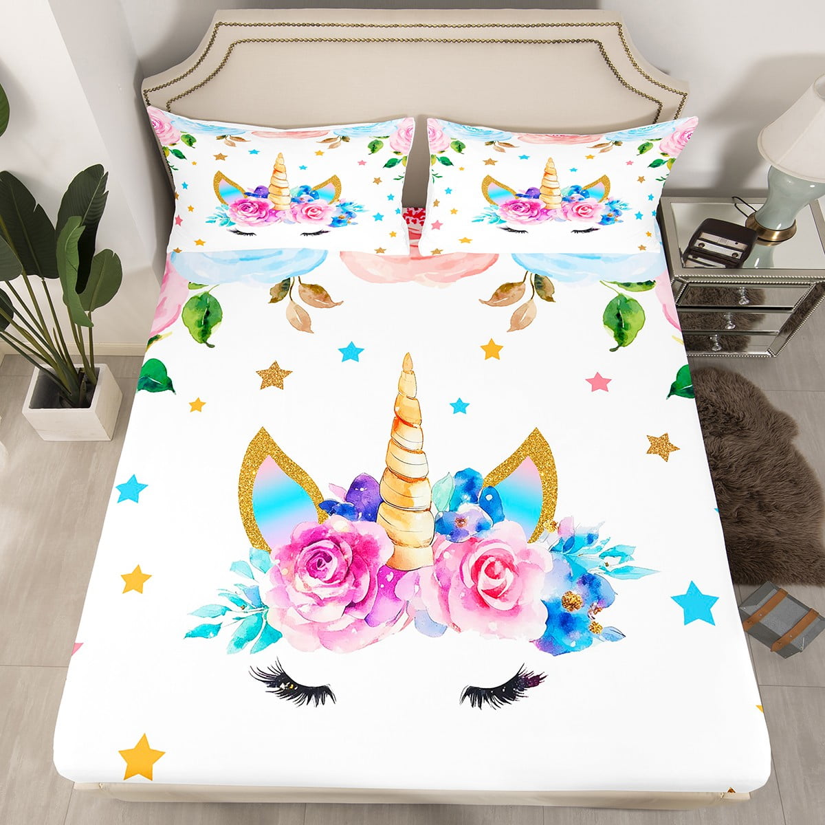 Queen Fitted Sheet for Unicorn Kids,Flower Girls Unicorn Bed