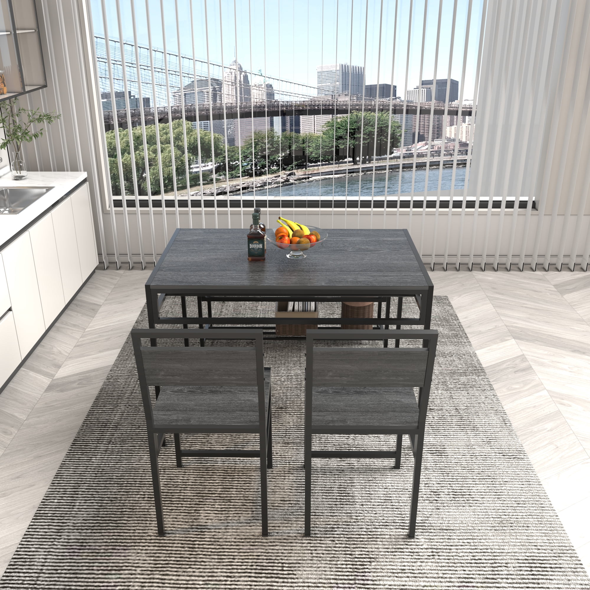 HOQBN 5 Piece Industrial Dining Table Set with 2 Dining Chairs & 1 Storage Bench,Wood Grain Rectangular Kitchen Table with Built-in Wine Rack, Metal Frame Space Saving Dinner Furniture