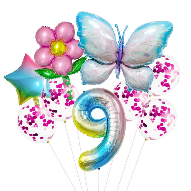 Set de globos con diseño de mariposas y flores para fiesta de noveno cumpleaños, 9 unidades