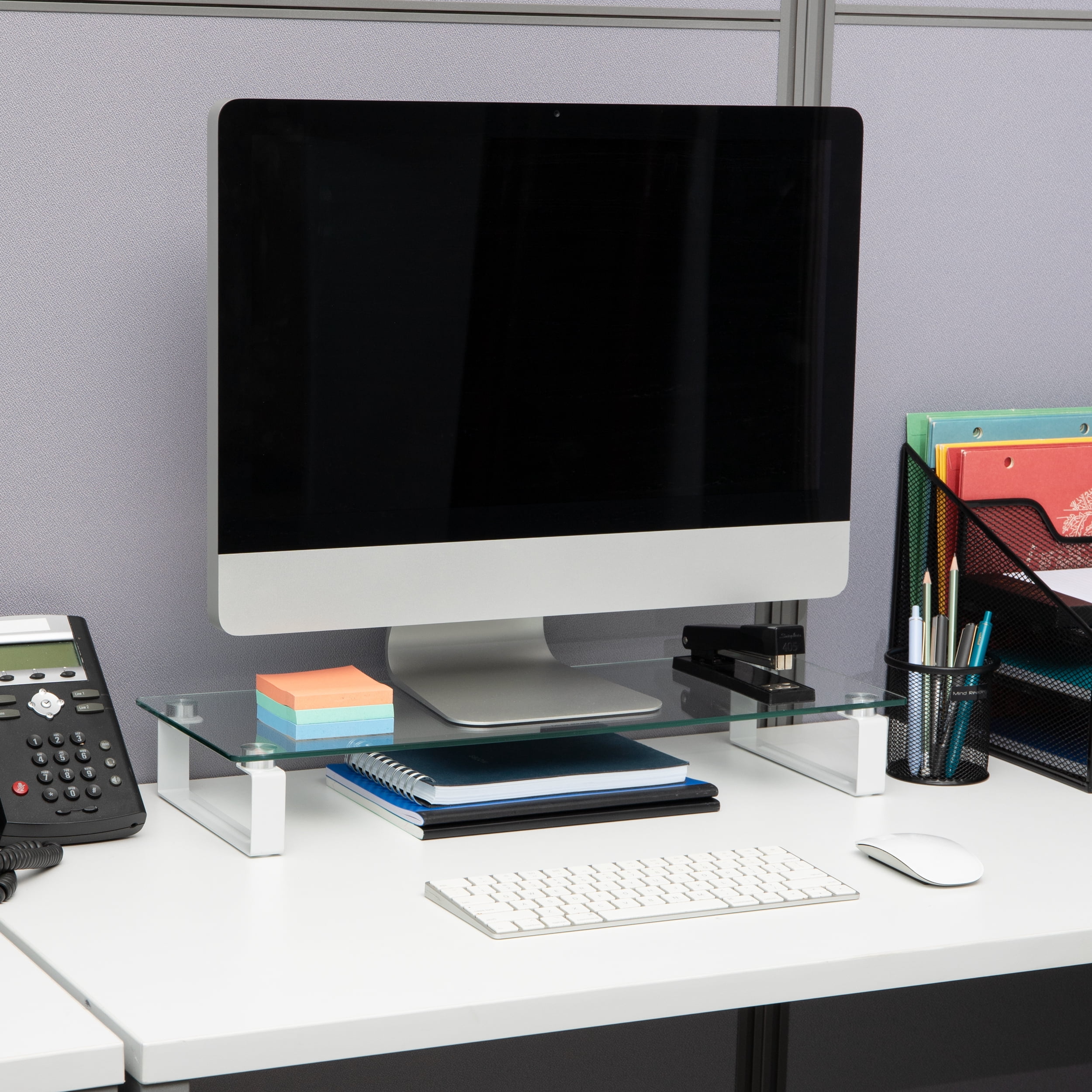 Mind Reader Monitor Stand, Contemporary, Desktop Organizer, Laptop Riser, Office, Glass, Clear