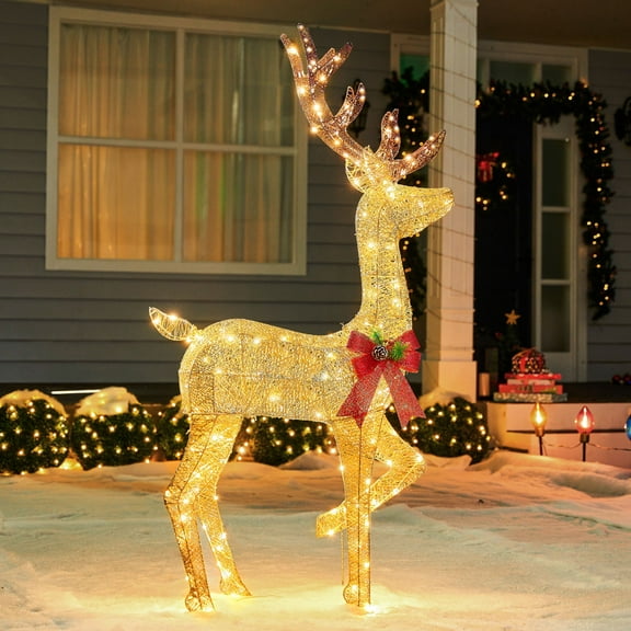 Joyfy 4 FT Reindeer Christmas Outdoor Yard Light Decorations,200 LED Lights Reindeer and Sleigh for Christmas Outside Lawn Decor,Warm White Light