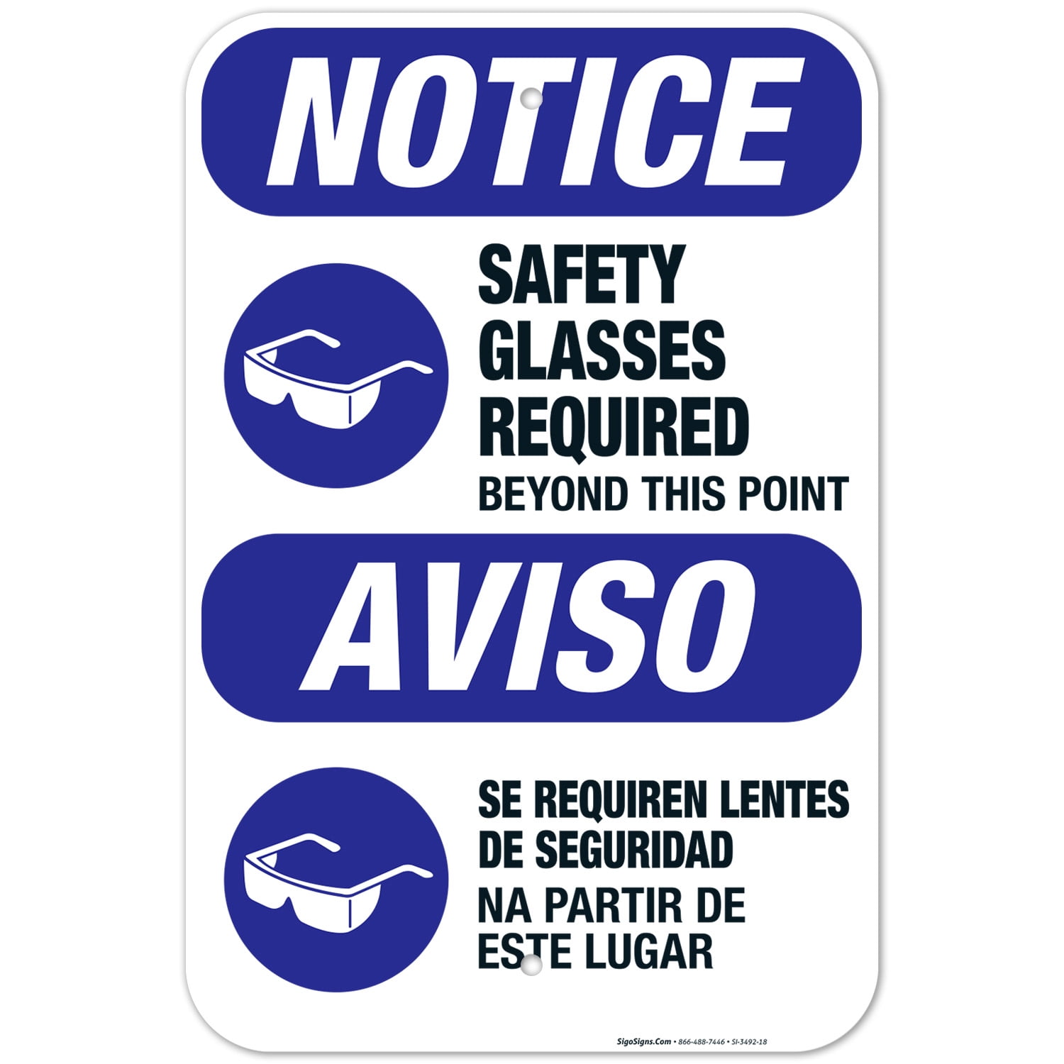 Safety Glasses Required Beyond This Point Bilingual Sign, OSHA Notice