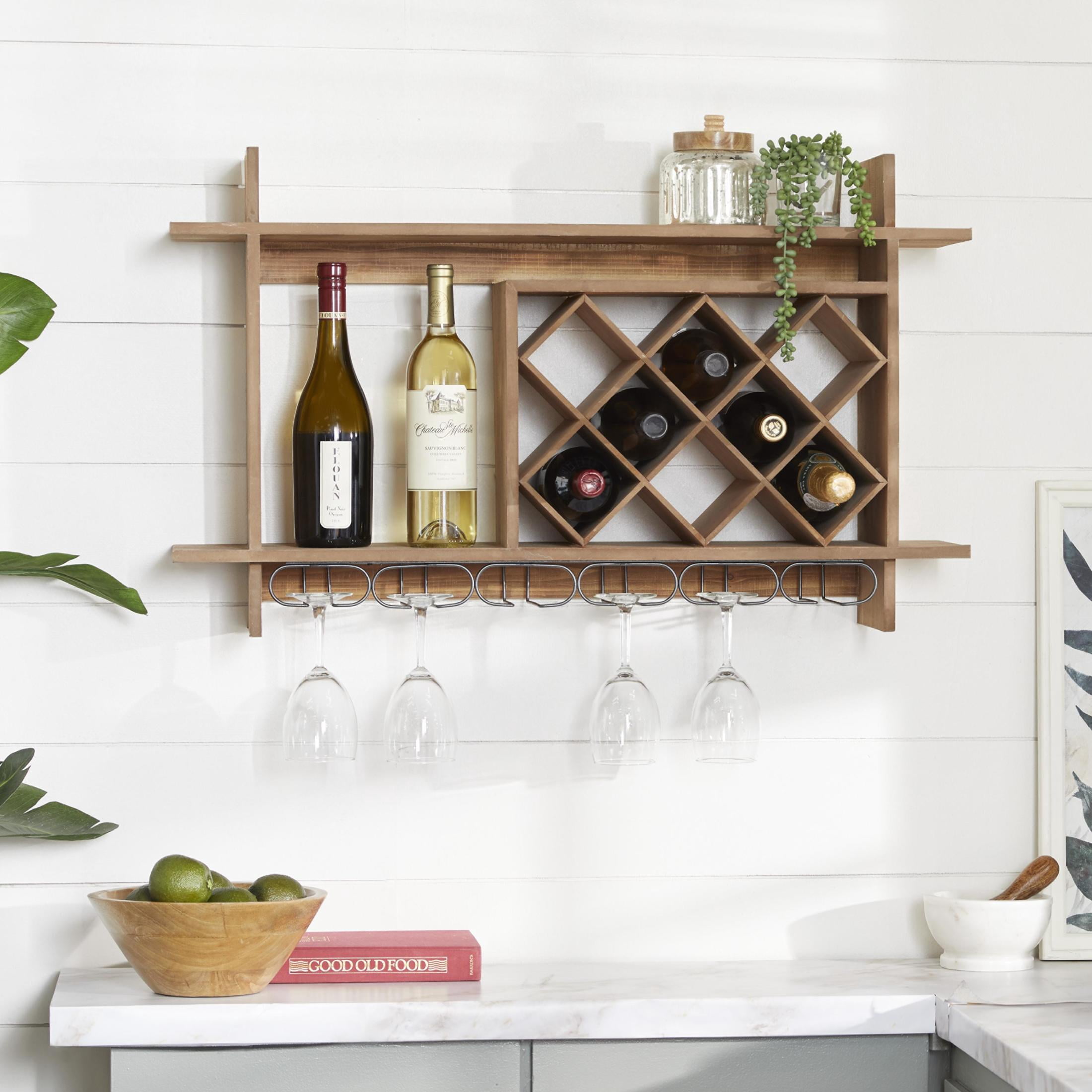DecMode 34" x 20" Brown Wood Geometric 8 Bottle Wall Wine Rack with 6 Glass Holder Slots, 1-Piece
