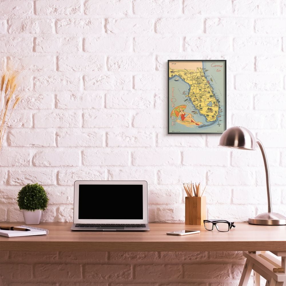 Stupell Industries Antique Florida Map Retro Beach Girl Postcard Print Framed Wall Art Design by Wild Apple Portfolio, 16" x 20", Black Framed