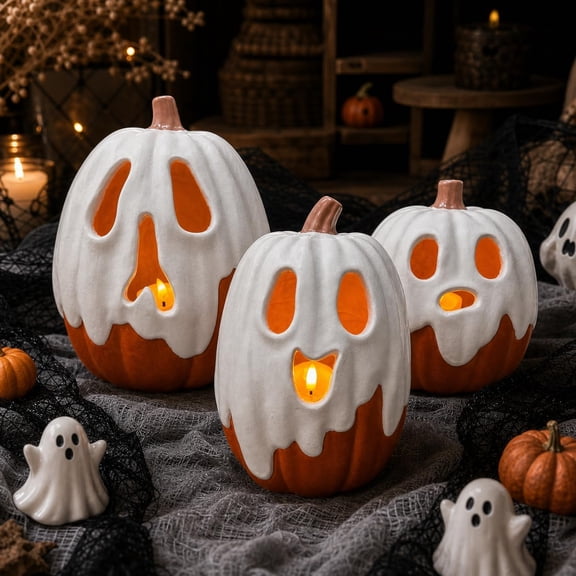 Halloween Decorations - 9.45" H Resin Ghost Pumpkin with Flameless Candle for Indoor Outdoor - Cute Spooky Decoration Centerpieces Halloween Decor for Tables Porch Yard Home Front Door Mantel