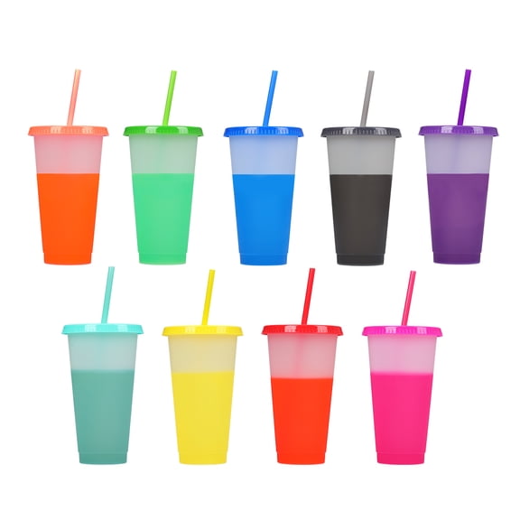 24oz Reusable Color Change Cups 9 Pack - Cold Drink Plastic Tumblers with Lids and Straws for Adults Kids Party (Gift set)