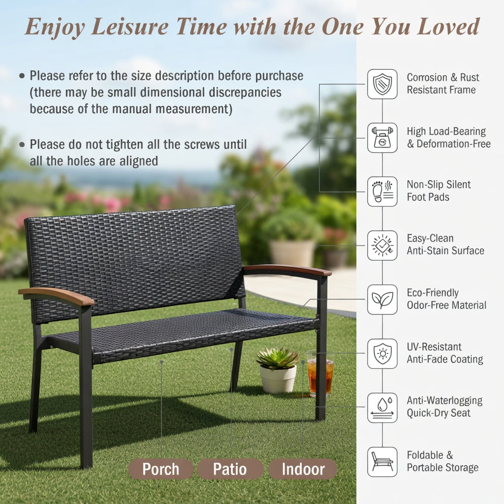 Hommoo Outdoor Wicker Patio Bench with Acacia Wood Armrests, 45" Steel Frame, Weather-Resistant PE Rattan, for Garden, Porch & Indoor Use, Black