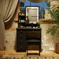thumbnail image 3 of MONSLIPA Vanity Set with Lighted Mirror, Makeup Dresse Table with 5 Drawers and Open Shelves, Cushioned Stool ( Black ), 3 of 6