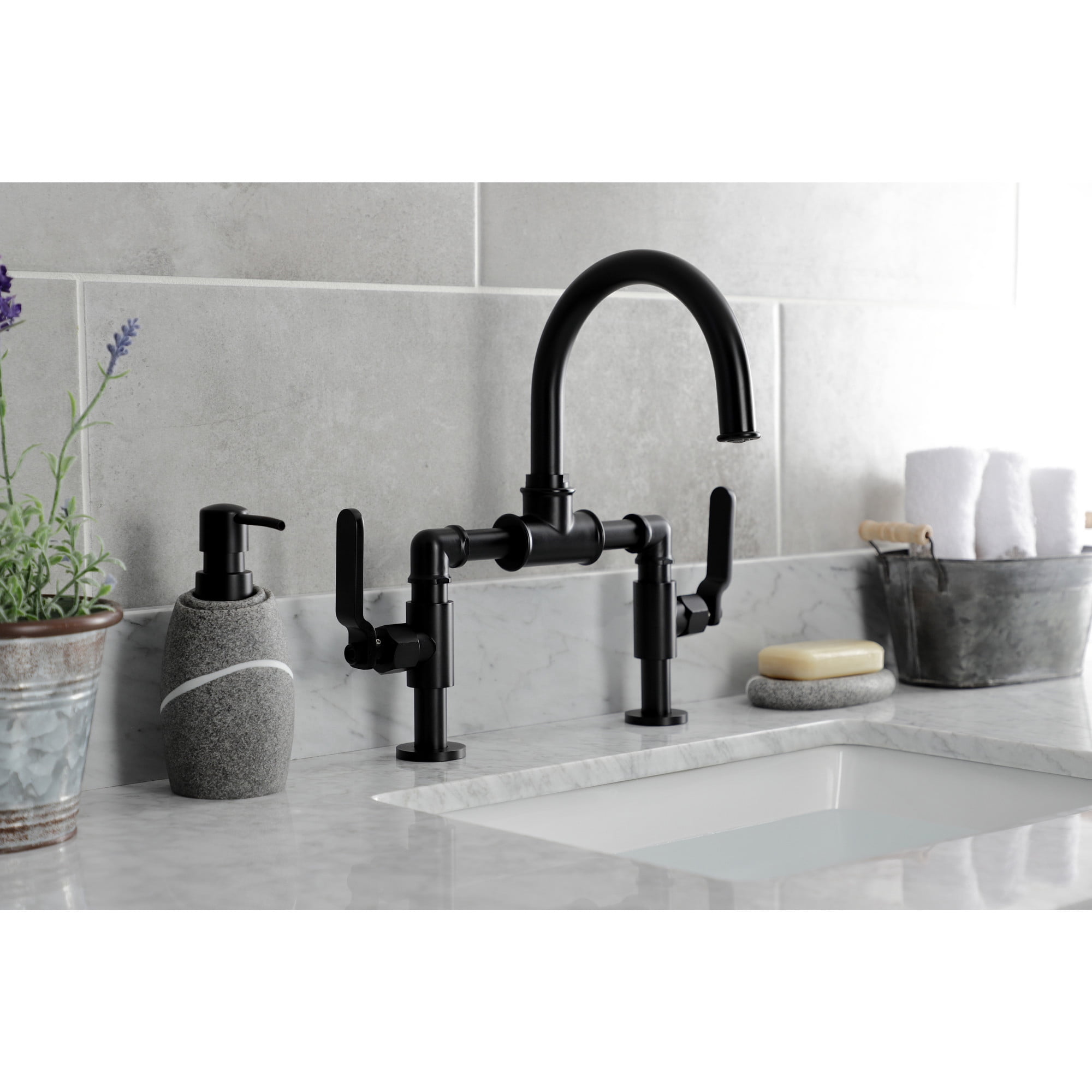 Kingston Brass KS2170KL Whitaker Industrial Style Bridge Bathroom Faucet with Pop-Up Drain, Matte Black