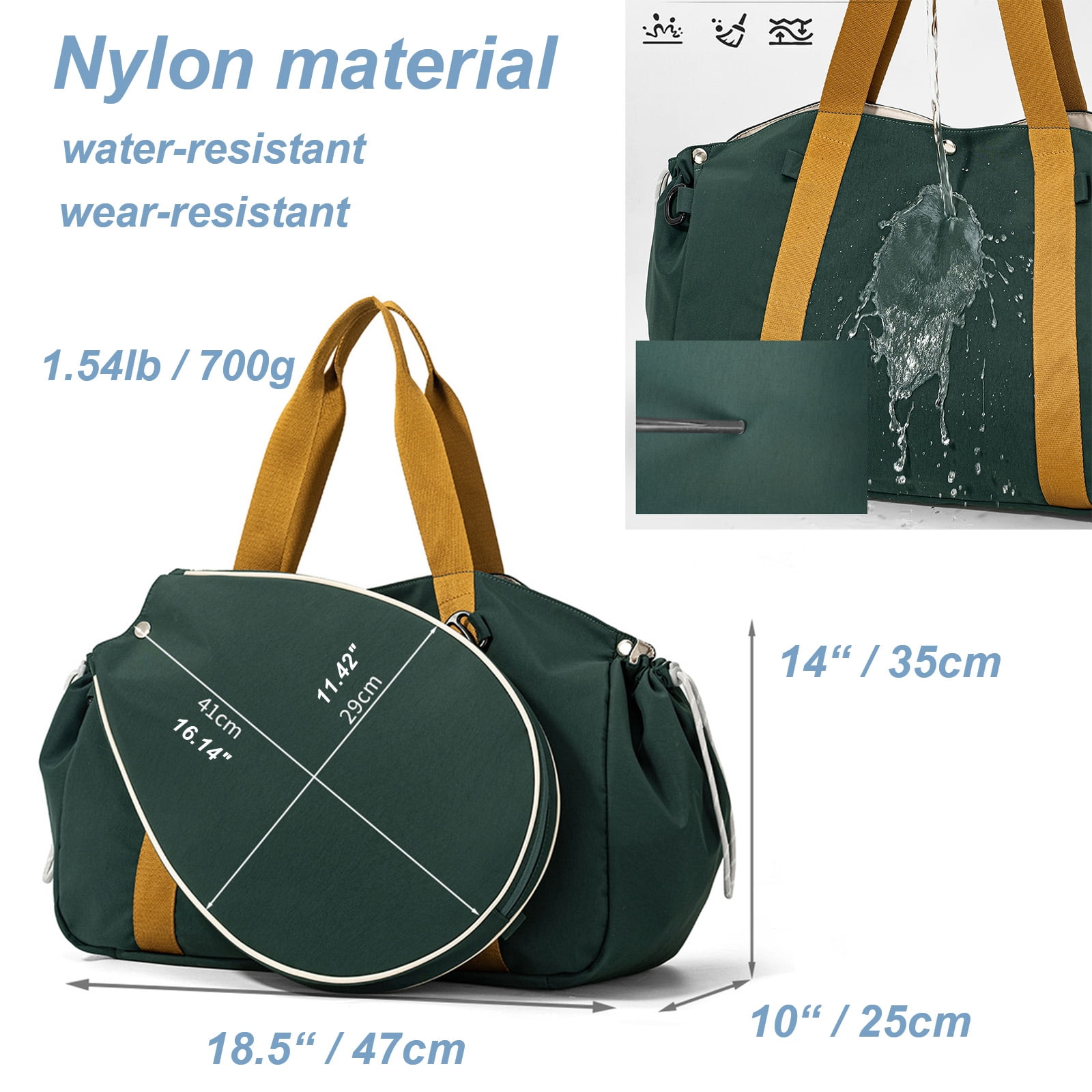 URSOFINE Detachable Tennis Racket Sports Duffel Bag, Water Resistant Lightweight Nylon Multi Compartment Gym Shoulder Handbag with Racket Hook for Tennis Training Travel Daily Use