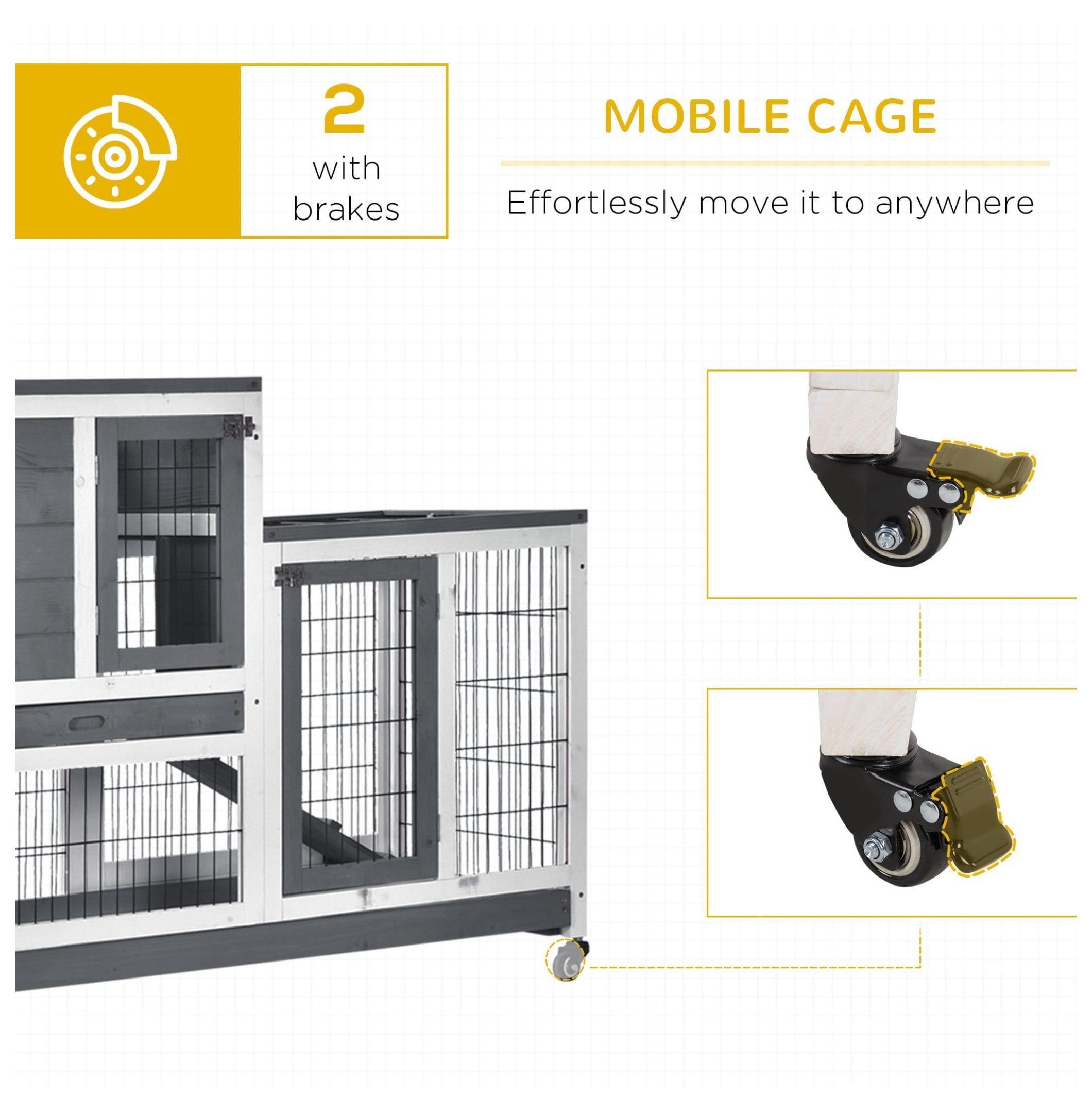 Elevated Bunny Cage Indoor Rabbit Hutch with Wheels Ramp Removable Tray for Guinea Pigs Gray