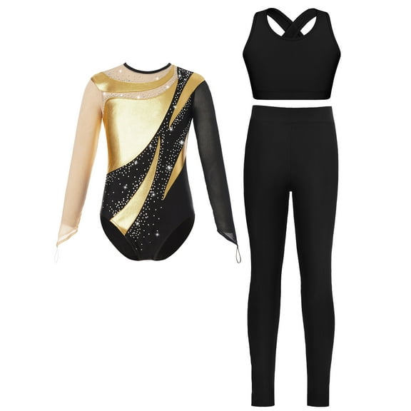 iiniim Kids Girls Ice Figure Skating Gymnastics Leotard Rhinestones Mesh Patchwork Bodysuit with Sleeveless Vest Gold 12