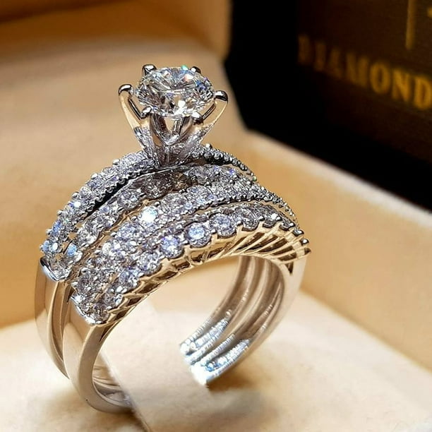 Conjunto de anillos elegantes para mujer joyeria de moda de compromiso de boda de Color plateado con anillo femenino de circonio Cubiz brillante