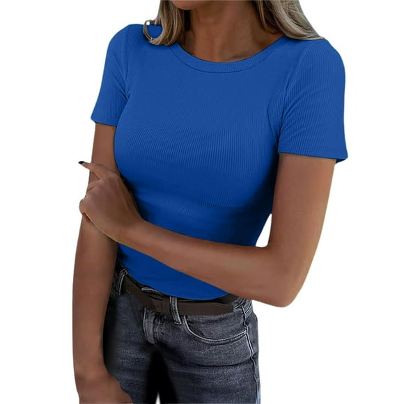 NINGMENG Womens Tops Solid Color Short Sleeve Crewneck Rib Knit Slim Fit Basic Summer Casual Trendy Tops Pullover T Shirts Outwear,Blue,L