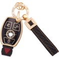 thumbnail image 1 of HSHDLDF for Mercedes Key Fob Cover, 3 Buttons Soft TPU Key Fob Protector with Leather Keychain Lanyard Fit for Mercedes Benz A B C E G R S M Class AMG Smart Key Fob Case Black Gold(BP-Bnz), 1 of 6