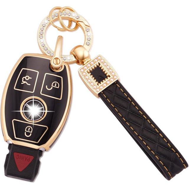 HSHDLDF for Mercedes Key Fob Cover, 3 Buttons Soft TPU Key Fob Protector with Leather Keychain Lanyard Fit for Mercedes Benz A B C E G R S M Class AMG Smart Key Fob Case Black Gold(BP-Bnz)