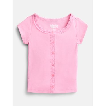 Wonder Nation Girls' Lace and Button Front Top with Short Sleeves, Sizes 4-18 & Plus