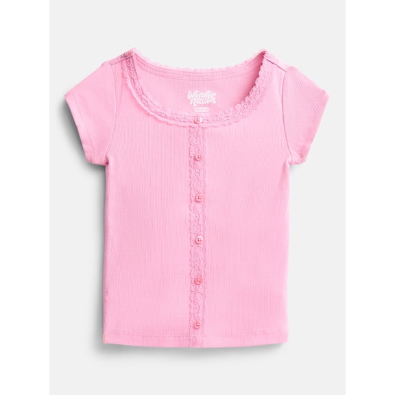 Wonder Nation Girls' Lace and Button Front Top with Short Sleeves, Sizes 4-18 & Plus