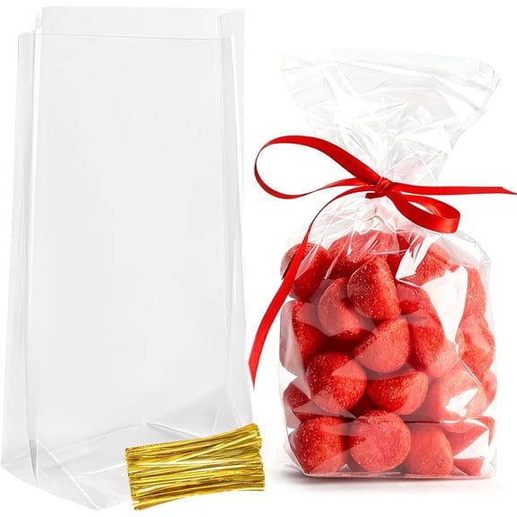 YANTONG Clear Cellophane Treat Bags, 6 x 9 x 2.4 Inch, 100 Pack | Gusseted Bottom, With Ties, Small Plastic, For Cookies, Candies, Popcorn, Snacks, Gift, Party Favors