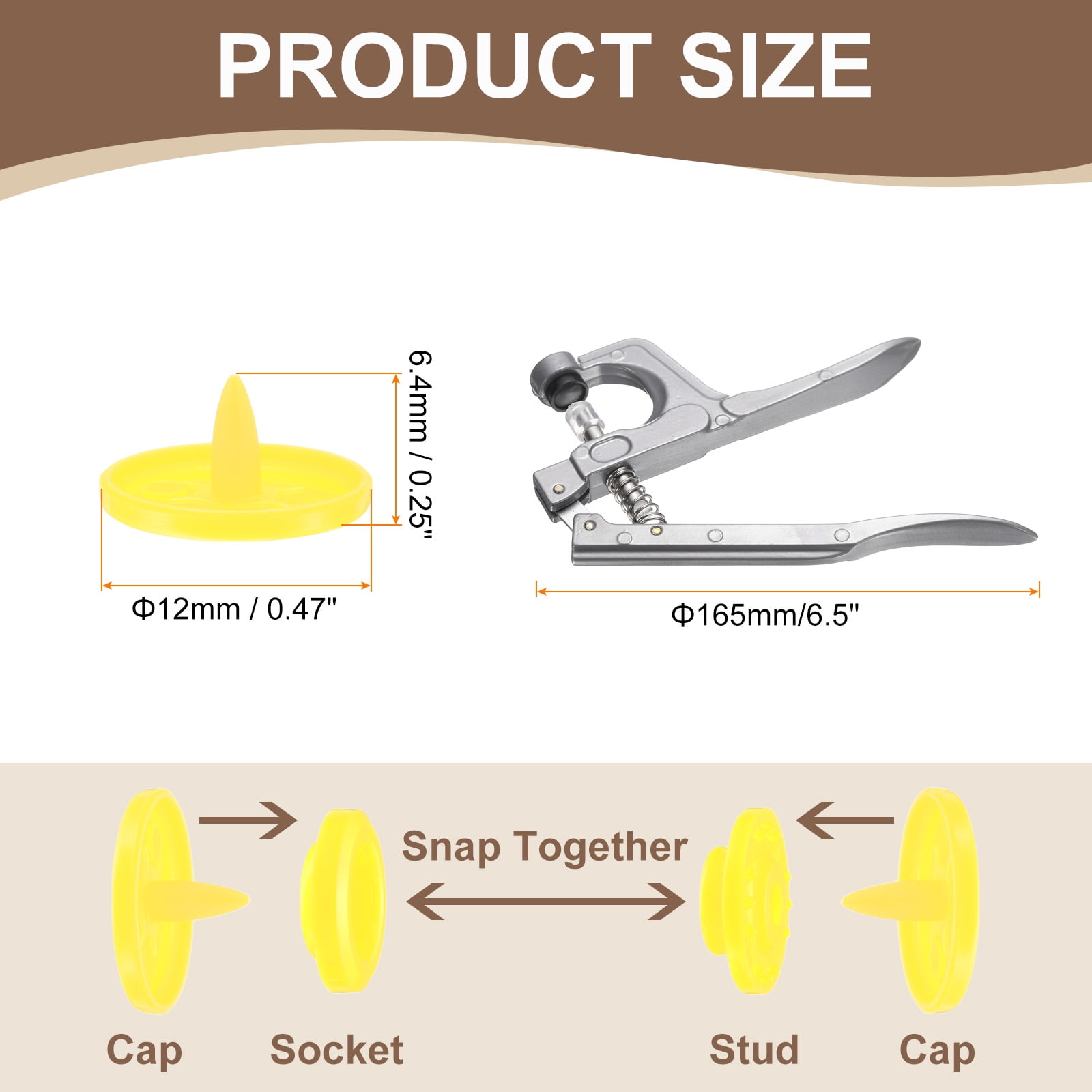 Uxcell Plastic Snaps Fasteners with Snap Pliers, 150 Set T5 Round Resin No-Sew Button Snap Fasteners Kit Yellow