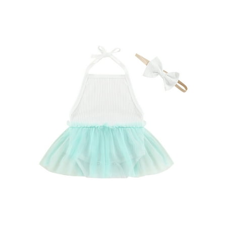 

ZIYIXIN Baby Girl Ribbed Tutu Romper Sleeveless Solid Halter Bodysuit with Headband Summer Clothes White 12-18 Months