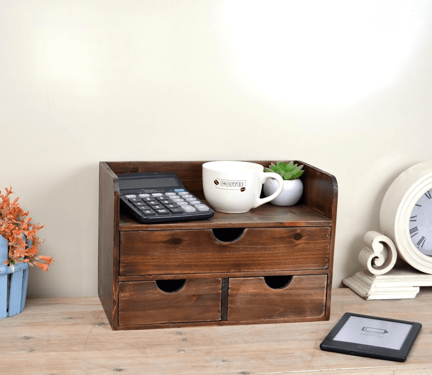 Rustic Brown Wooden 3 Drawer with Shelf Office Desk Organizer & Mail Rack For Desktop,Box for Office Home makeup holder Toiletries Supplies Vanity, No Assembly Required (Brown)