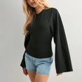 thumbnail image 3 of CORIRESHA Women's Y2K Fashion Solid Color Crew Neck Straight Shoulder Wide Sleeve Waist Short Sexy Long Sleeve Top, 3 of 4