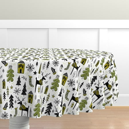 

Cotton Sateen Tablecloth 90 Round - Christmas White Winter Woodland Holiday Moose Whimsical Kids Retro Vintage Trees Print Custom Table Linens by Spoonflower